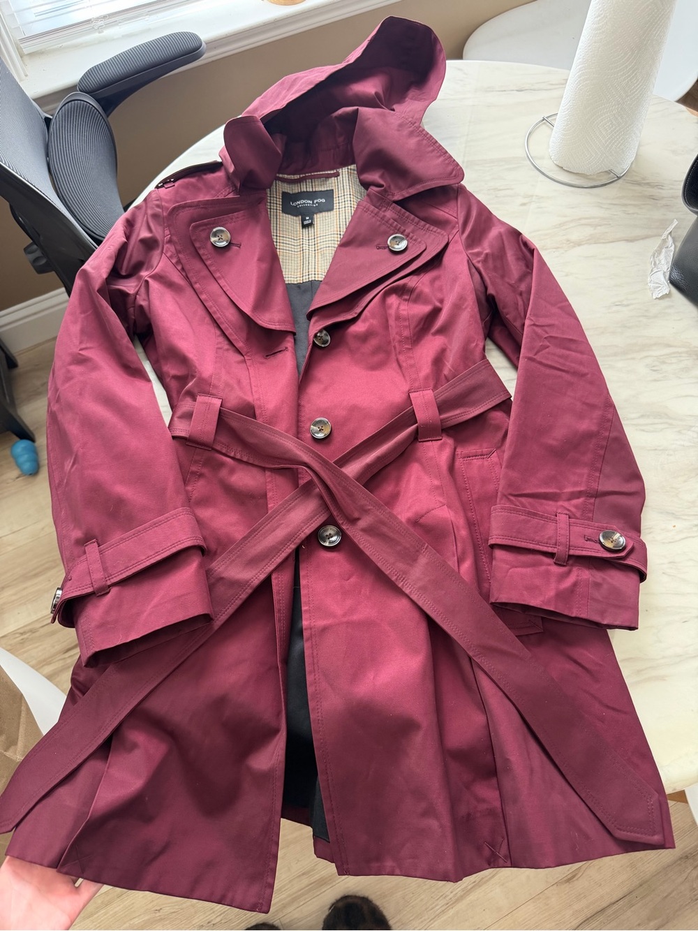 London Fog Burgundy Hooded Trench Coat